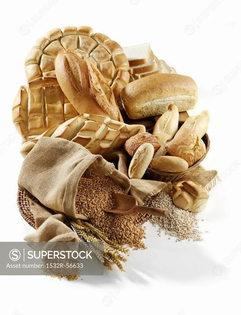 Various types of bread, rolls and grains