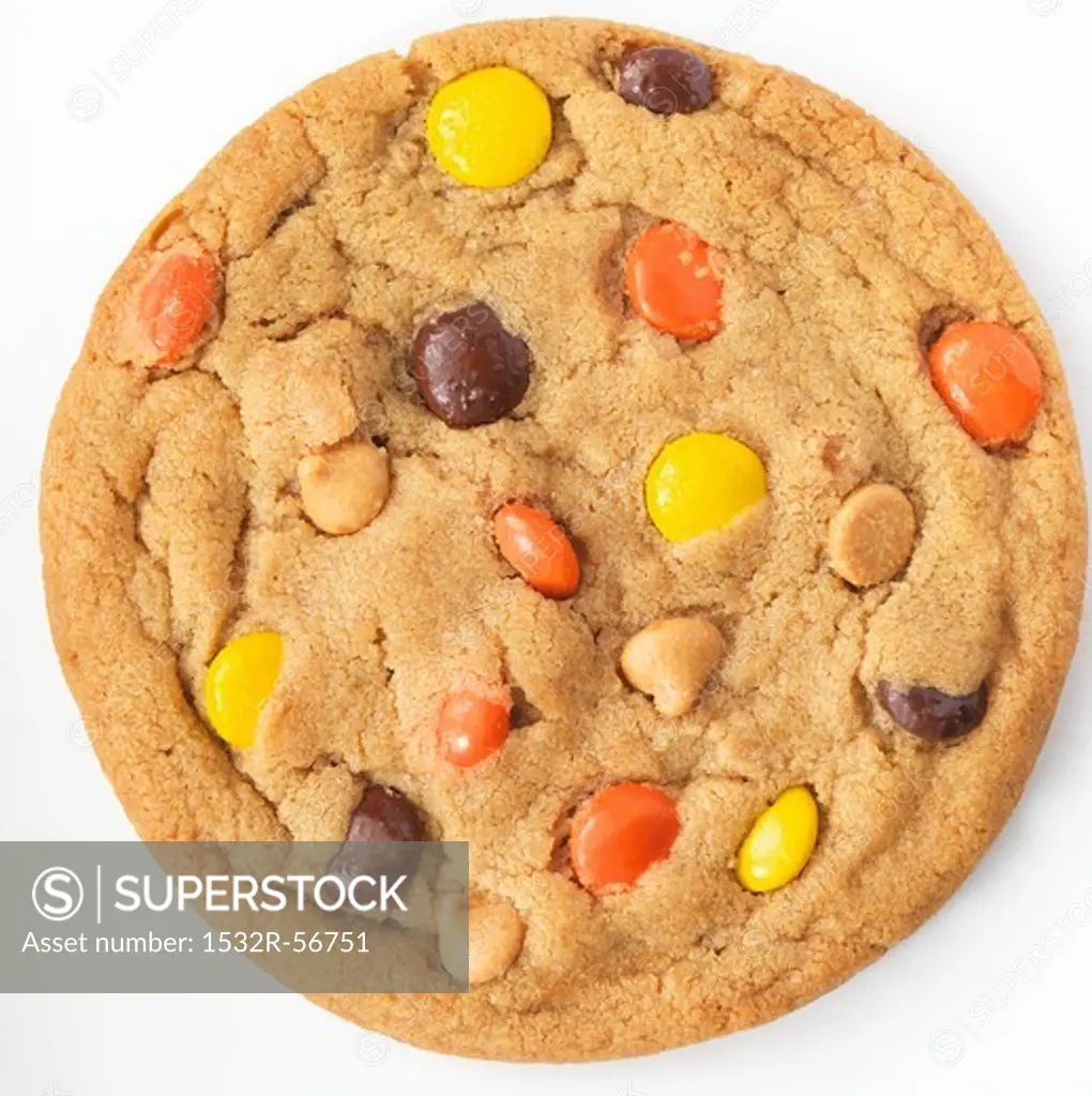 Reeses Pieces and Peanut Butter Chip Cookie; White Background