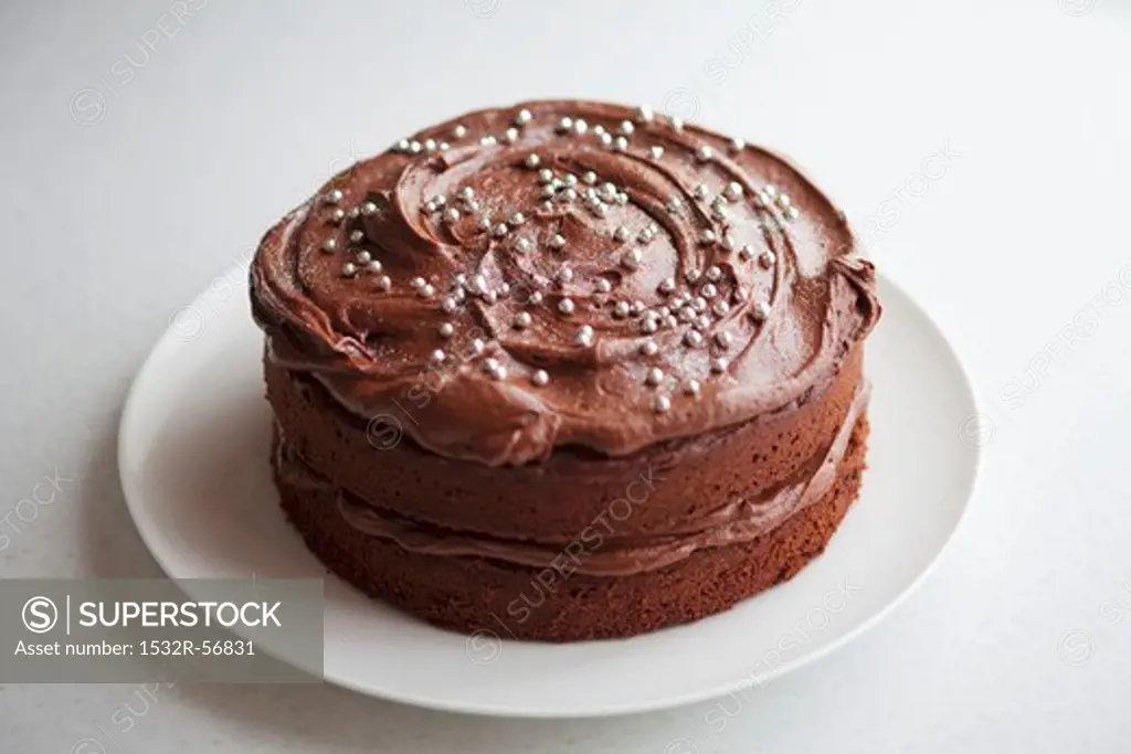 A chocolate cake decorated with silver balls