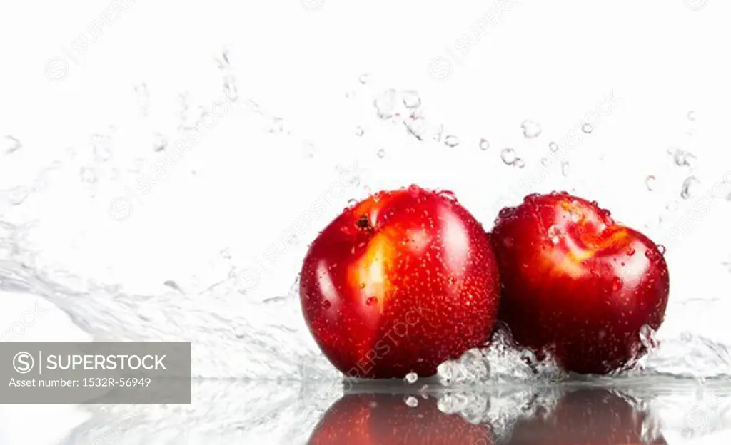 Two plums being washed