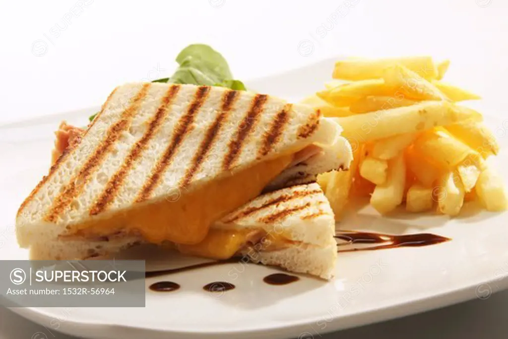 Toasted cheese and ham sandwich with chips