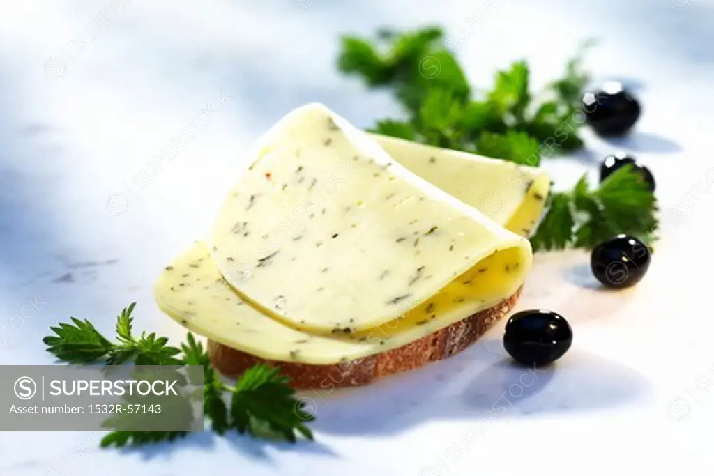 A slice of bread with stinging nettle cheese