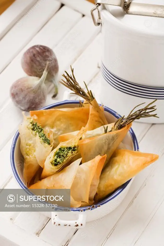 Greek samosas (feta-spinach filling and fig-walnut filling)