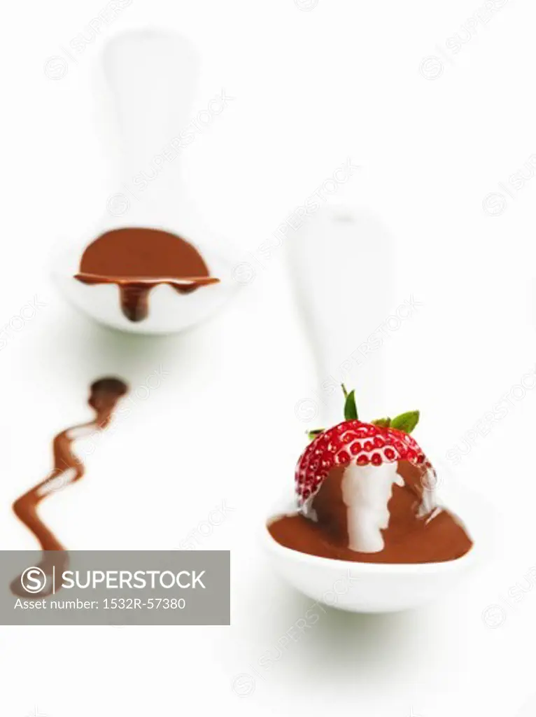 Two spoonfuls of chocolate sauce and a strawberry