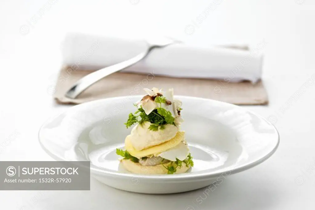 Tower of celeriac and charr with chervil and button mushrooms