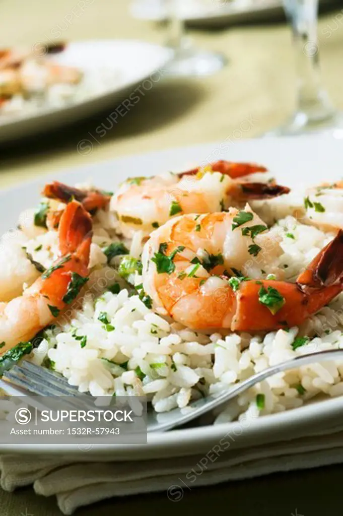 Garlic and lime prawns on coconut rice