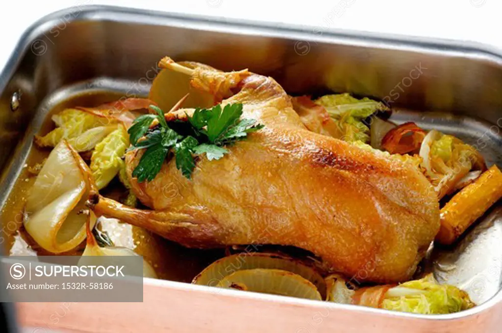 Roast duck with savoy cabbage in roasting tin