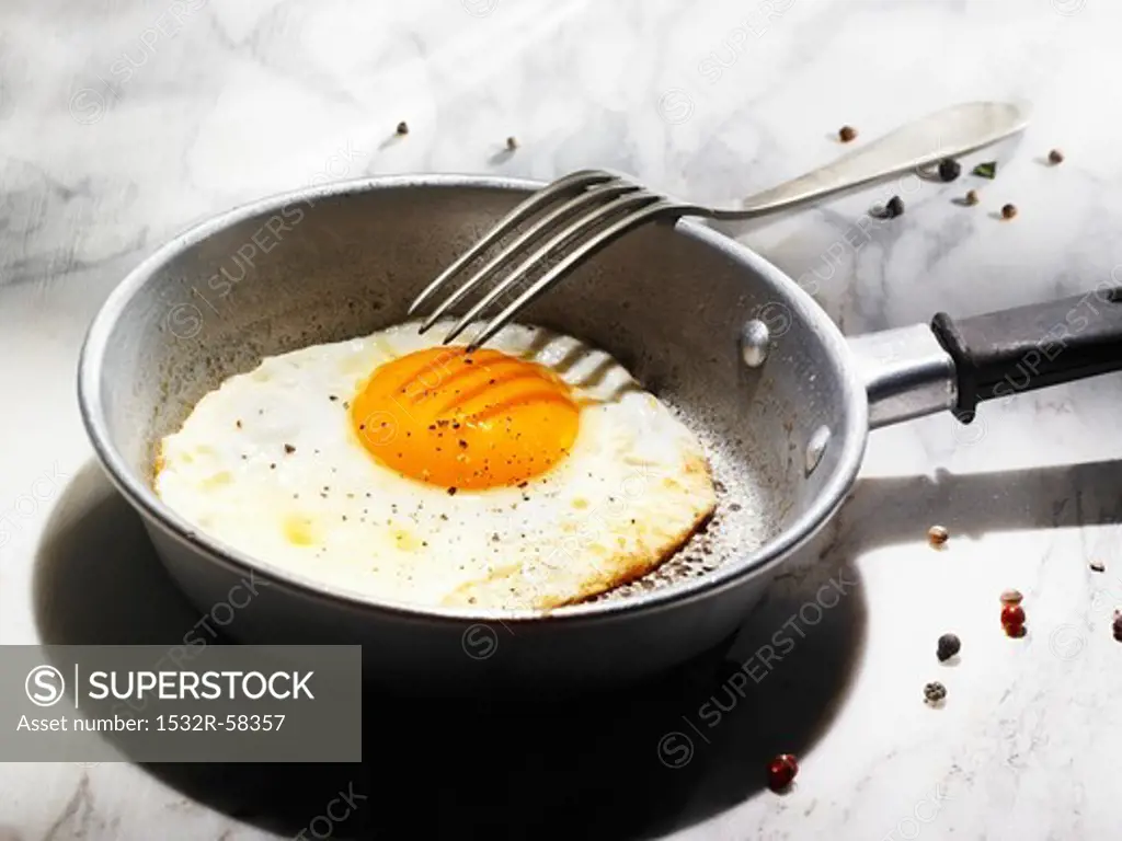 Fried egg in a small frying pan