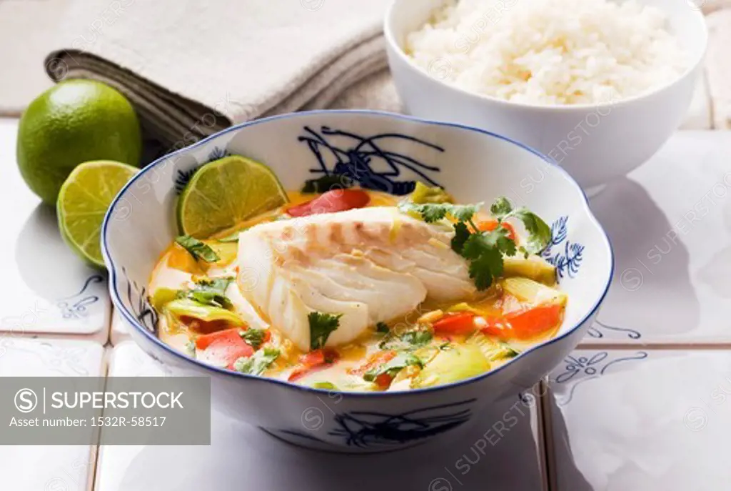 Cod with vegetables and coconut milk and a side of rice (Asia)
