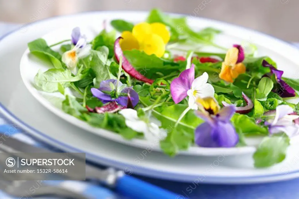 Rocket salad with edible flowers