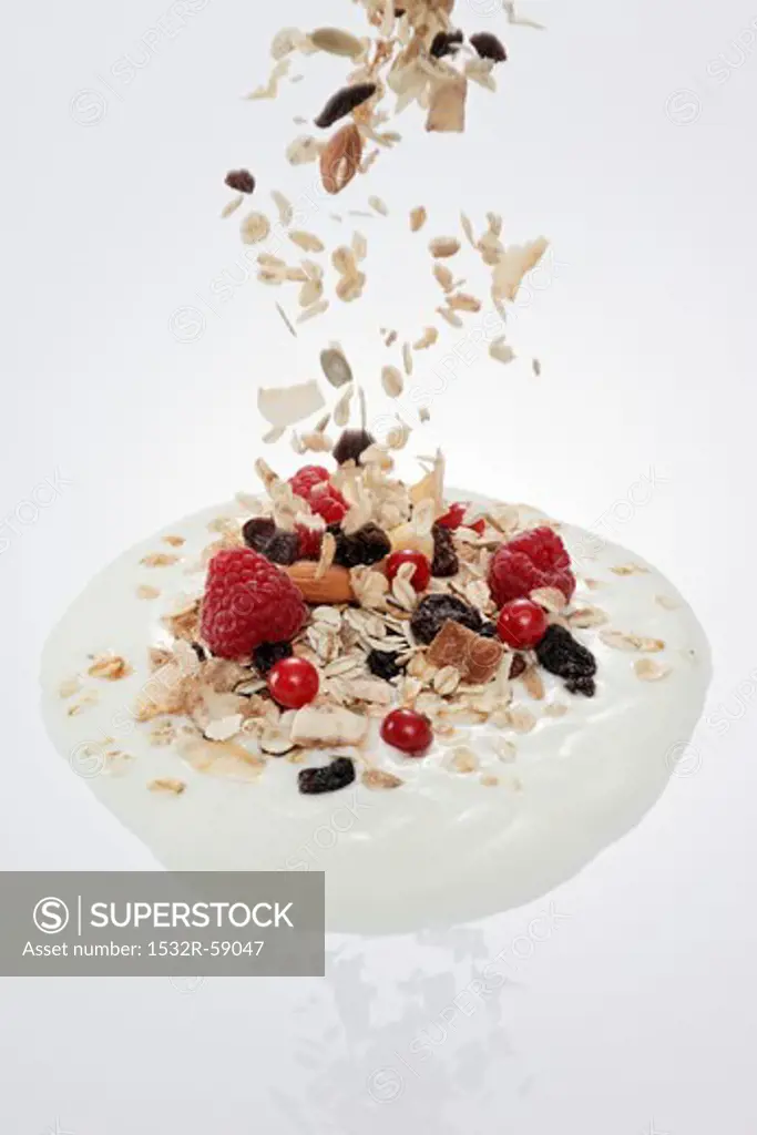 Fruit muesli falling into a dollop of yogurt