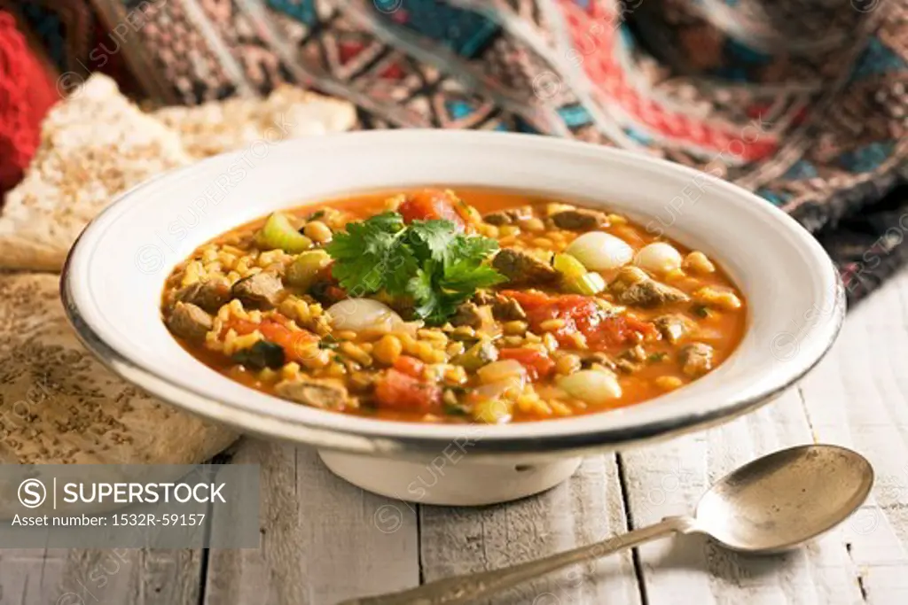 Harira (Lent soup, Morocco) with lamb, chickpeas, saffran and tomatoes