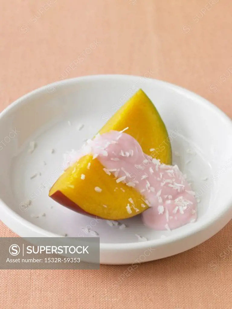 Slice of Mango with Strawberry Yogurt and Shredded Coconut