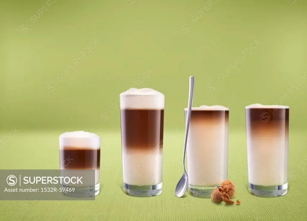 Various glasses of latte macchiato