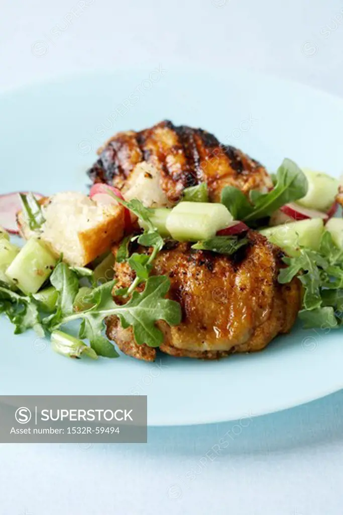 Grilled Chicken Thighs Topped with Spring Salad