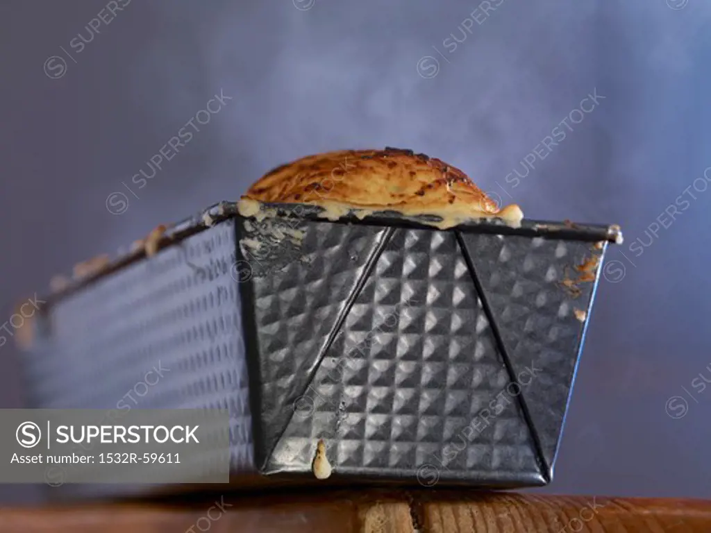 A freshly baked cake in a loaf tin
