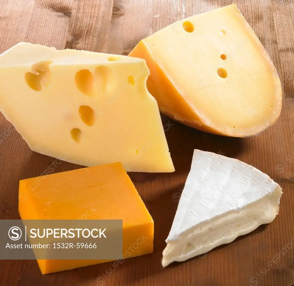 Four pieces of cheese (Emmentaler, Gouda, Cheddar and Brie)
