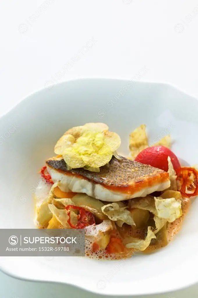 Bass with artichokes, tomatoes and braised onions