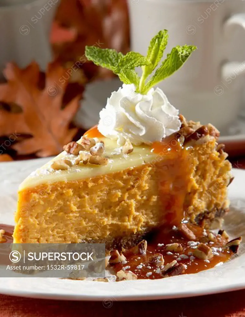 Slice of Pumpkin Cheesecake with Whipped Cream