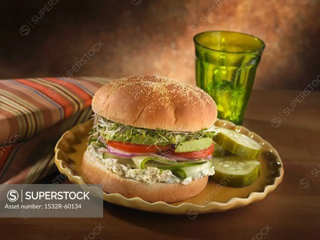 Veggie Sandwich with Cream Cheese Pesto Spread; Pickles