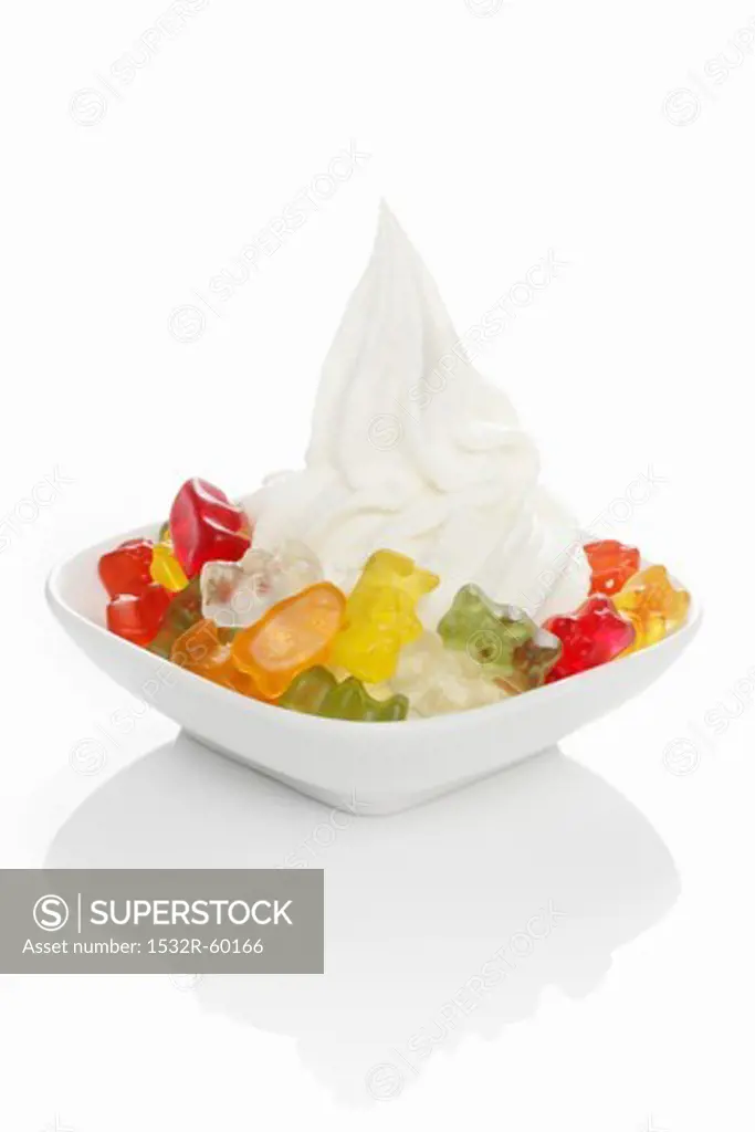 Yogurt ice cream garnished with gummy bears
