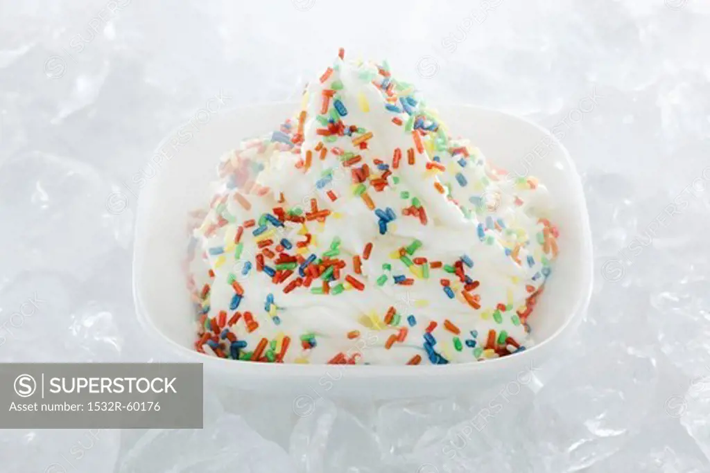 Yogurt ice cream garnished with sugar strands