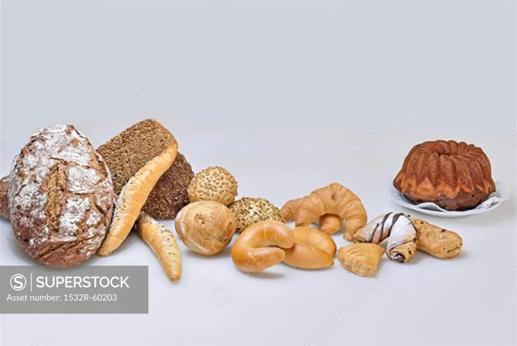 Various types of bread, rolls, cake and Bundt cake