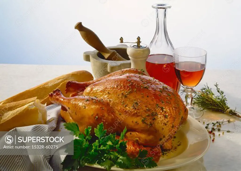 Roast turkey, baguette, herbs and wine