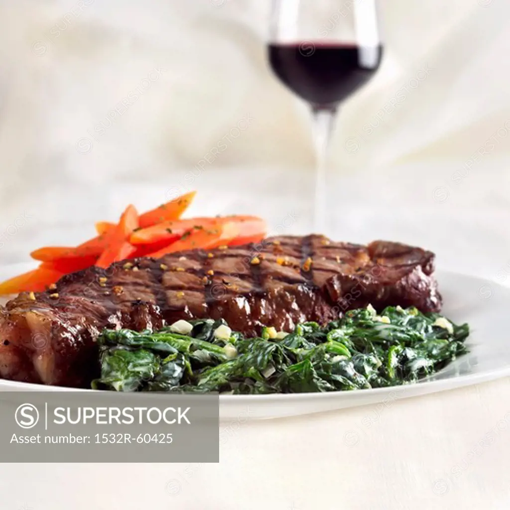 Grilled Steak with Creamed Spinach and Carrots