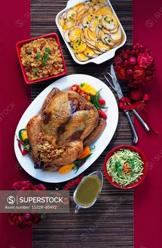 Tex-Mex style roast turkey and side dishes (viewed from above)