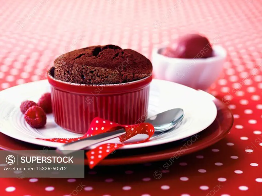 Chocolate souffle with fresh raspberries