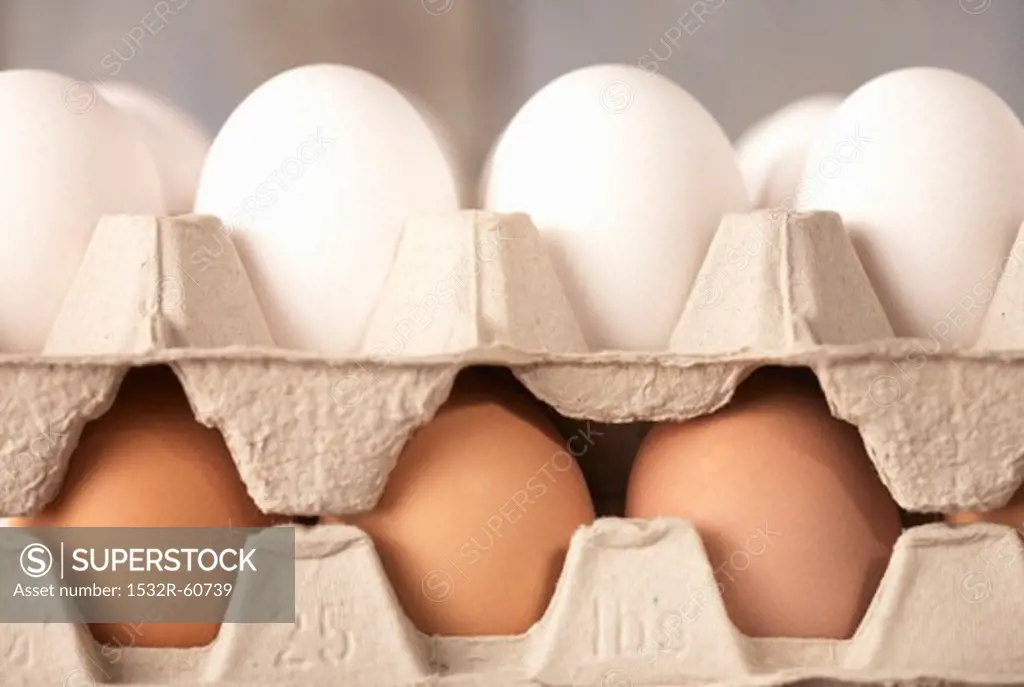 Brown and white eggs in an egg carton
