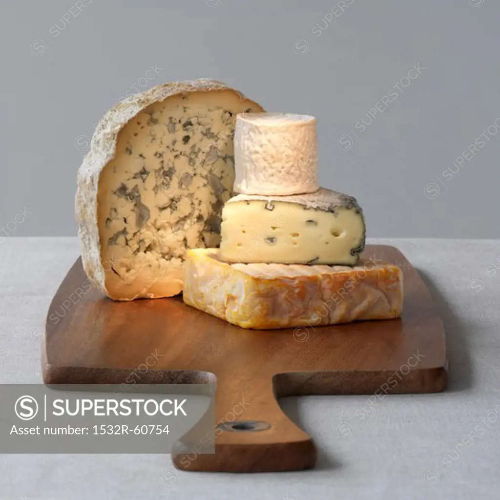 Four varieties of cheese on a wooden board