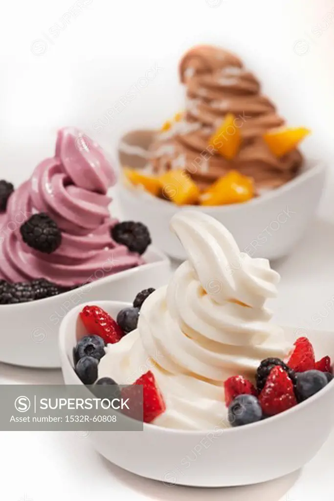 Three Bowls of Assorted Frozen Yogurt with Fruit Toppings