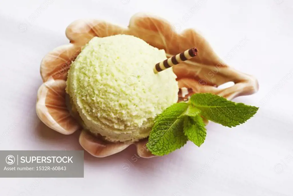 A scoop of peppermint ice cream with fresh mint