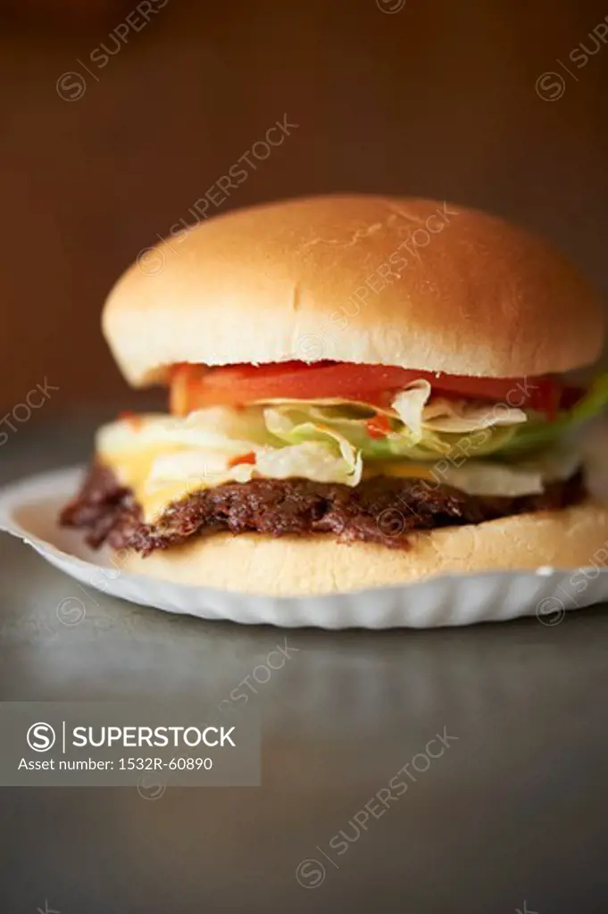 Grilled Cheeseburger with Lettuce and Tomato on a Paper Plate