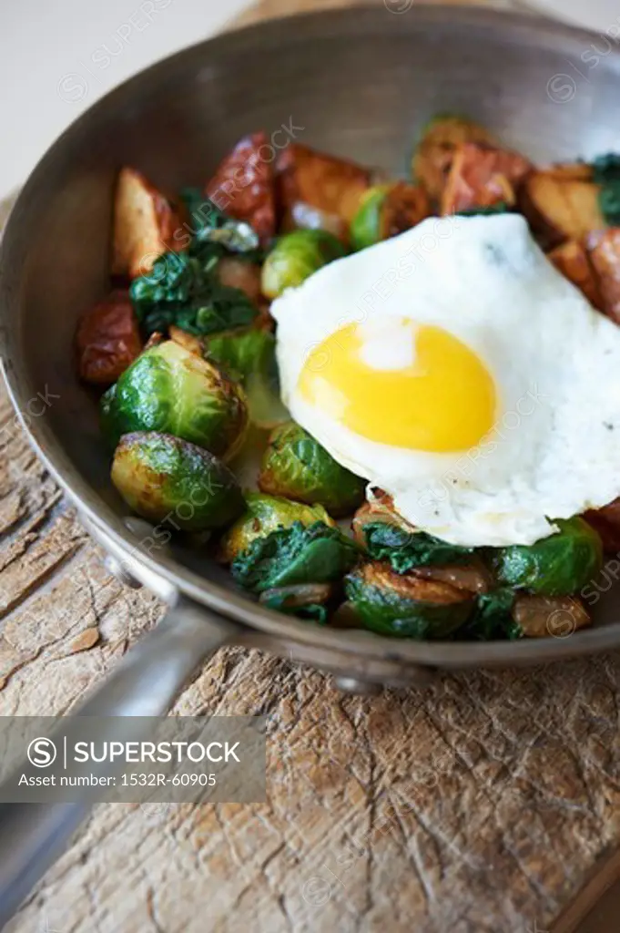 Pan Roasted Potatoes with Brussels Sprouts and Fried Egg