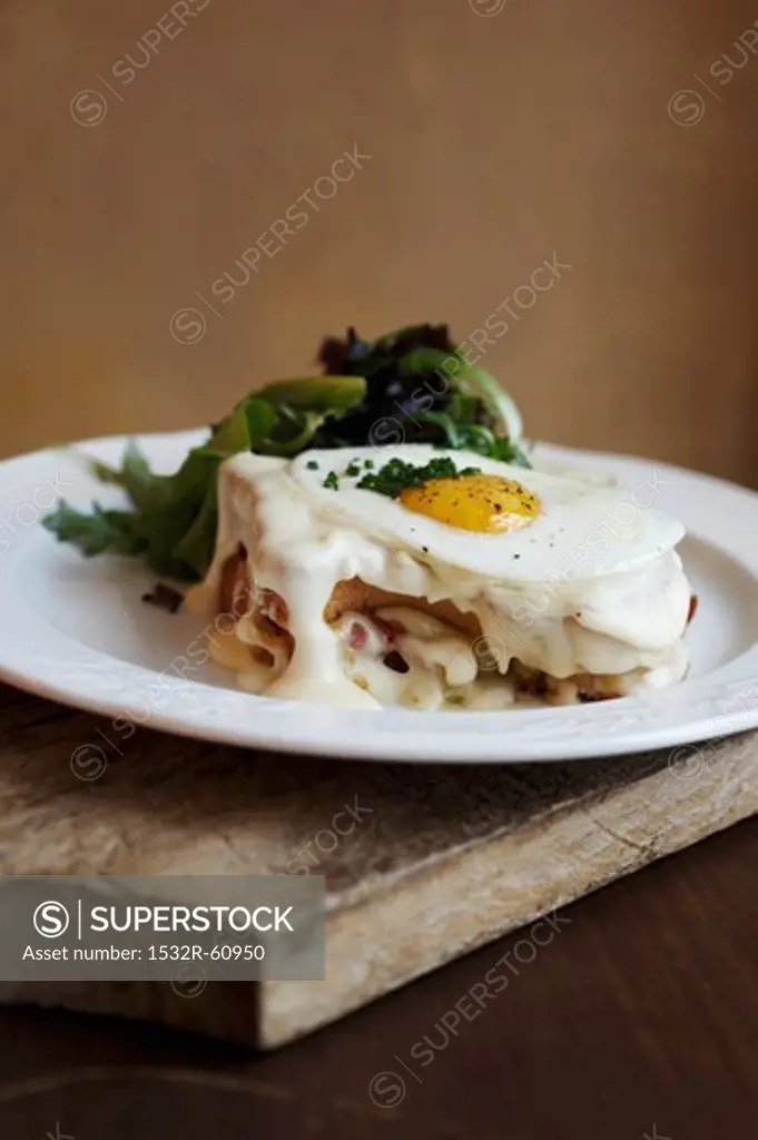 Croque Madame Sandwich; Sandwich with Fried Egg and Bechamel Sauce
