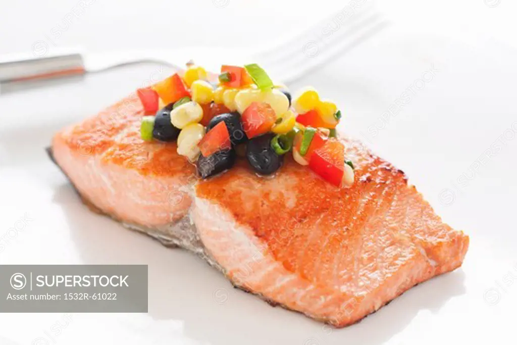 Salmon Fillet Topped with Black Bean and Corn Salsa