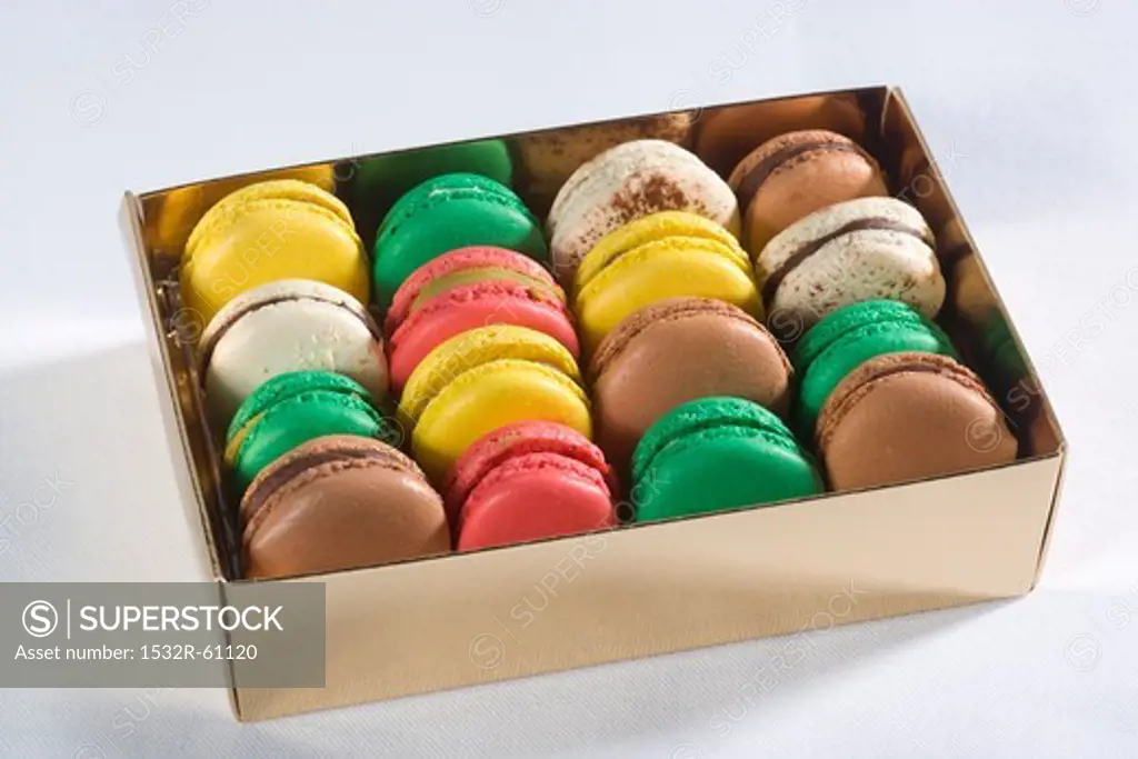 A box of colourful macaroons