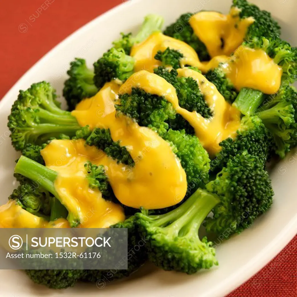 Serving Dish of Steamed Broccoli with Cheese Sauce