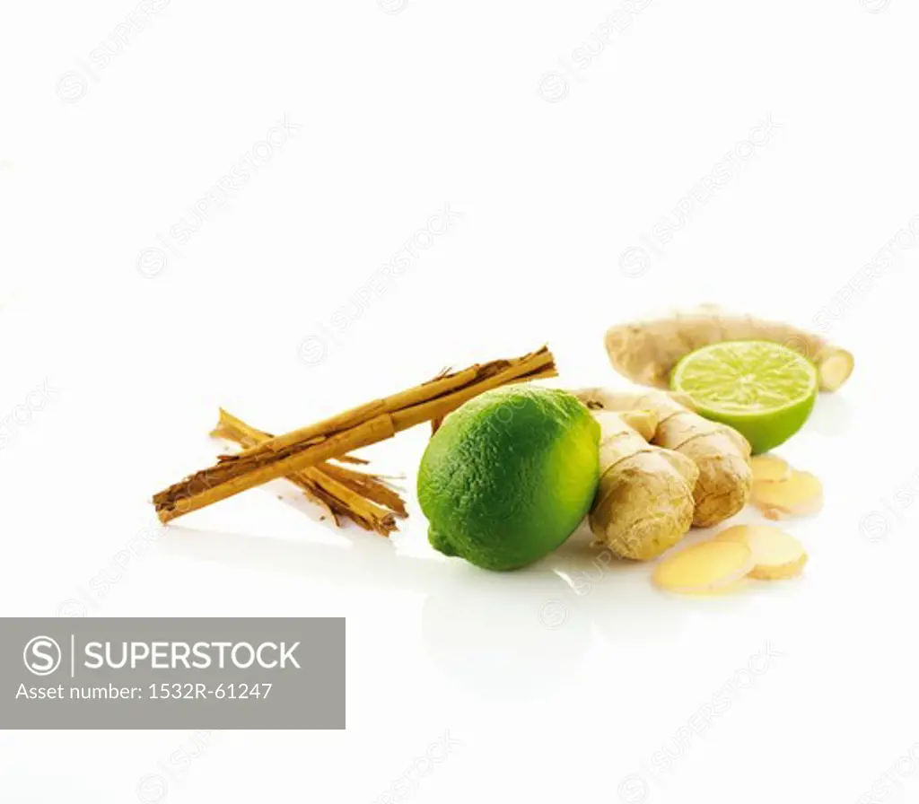 Limes, ginger and cinnamon stick
