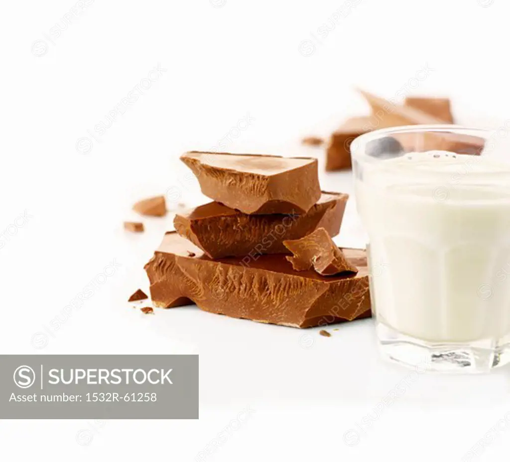 Glass of milk and pieces of chocolate