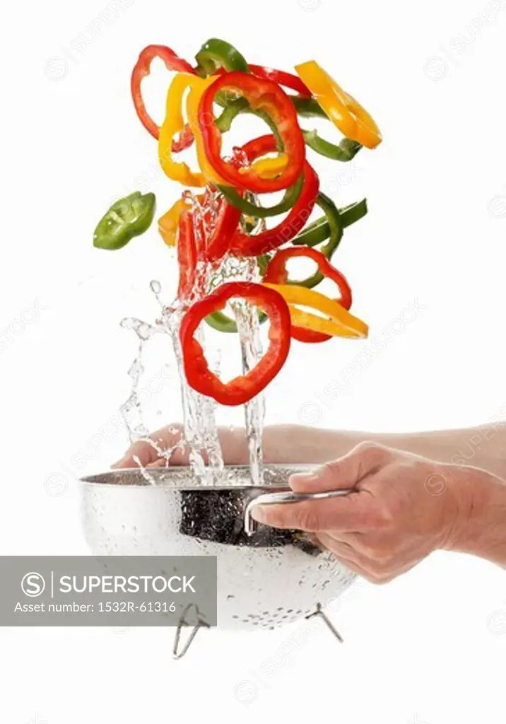 Pepper rings being washed