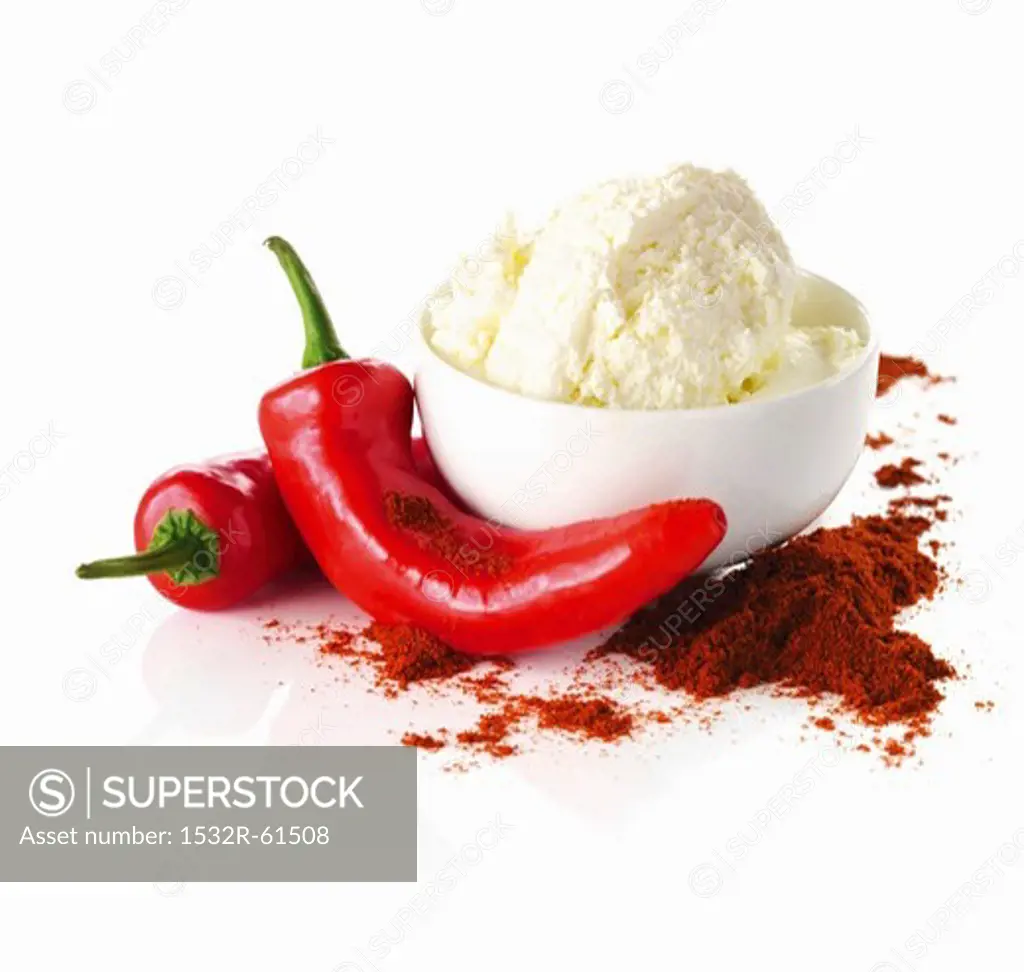Cottage cheese, red chili peppers and chili powder