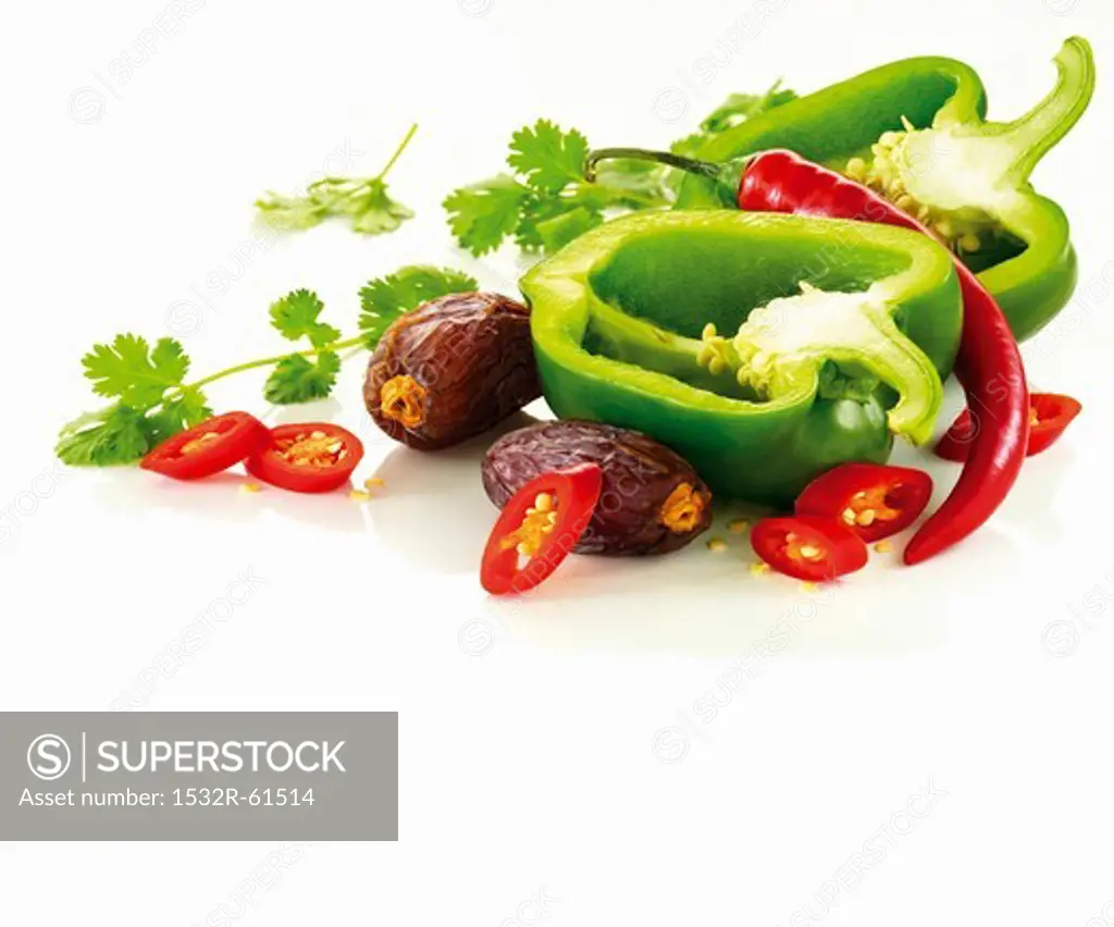 Green pepper, red chili peppers, dates and cilantro