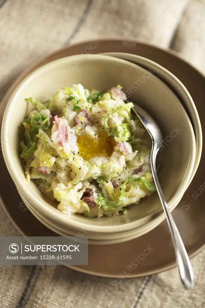 Bowl of Colcannon ( Irish Potatoes and Cabbage) with Butter Salt and Pepper
