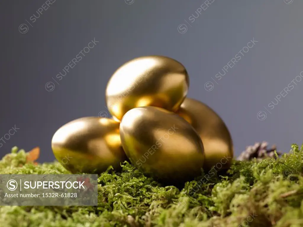 Golden Easter eggs on moss