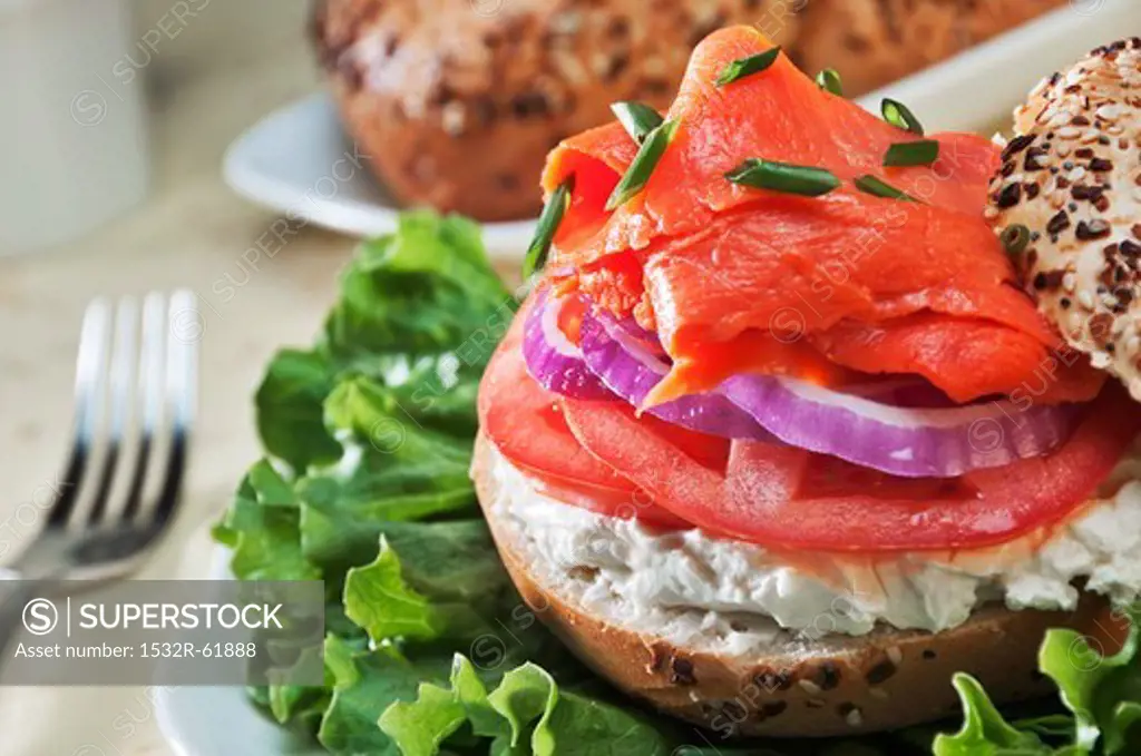 Smoked Salmon on a Bagel with Cream Cheese, Onions and Tomato