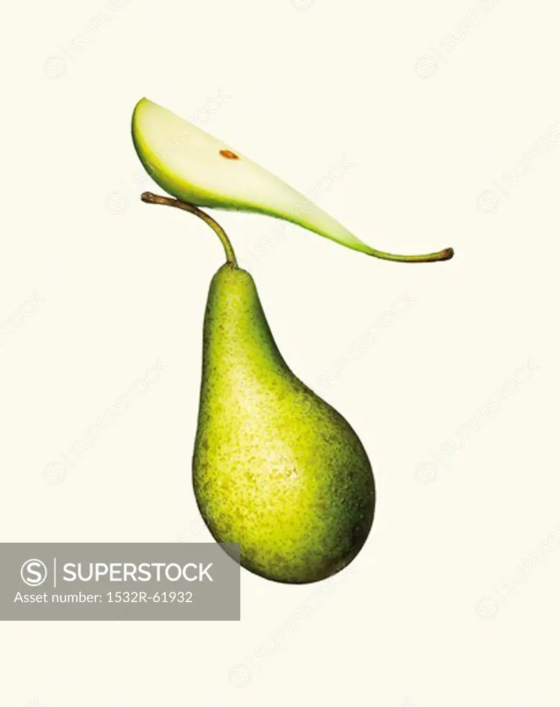 A whole pear and a slice of pear against a white background